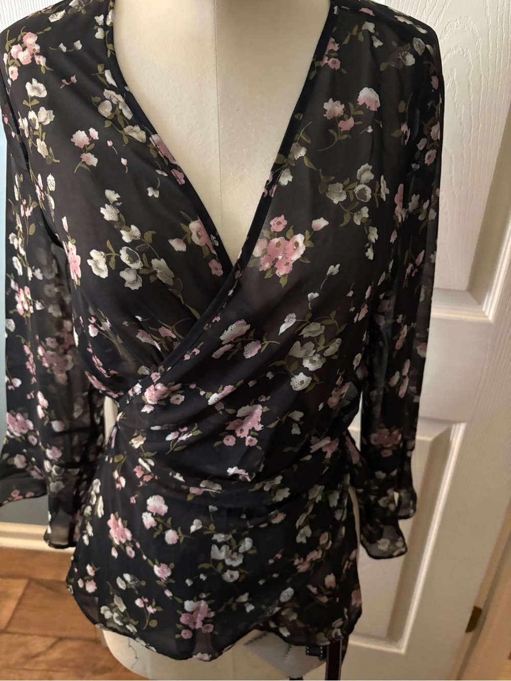 Lumiere Black Floral Wrap Blouse with Pink and Cream Blooms Size Large